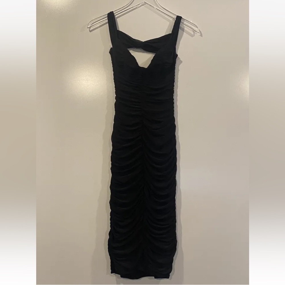 Ruby Sees Black Ruched Mesh‎ Bodycon Midi Dress Cutout Back Sweetheart Neck 10
